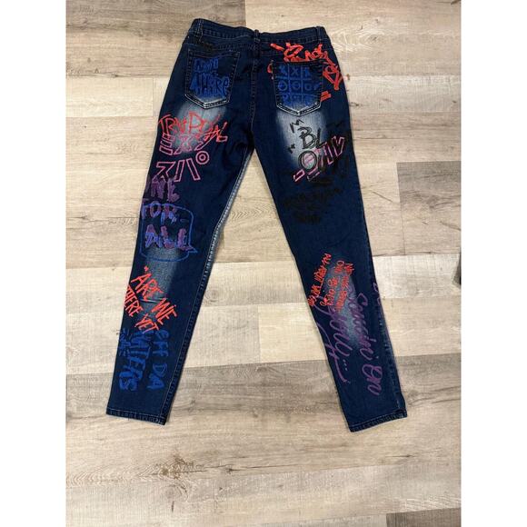 Blue Connection Distressed Graffiti Jeans Womens 15 Blue Denim 5 Pockets Preppy - Picture 11 of 13